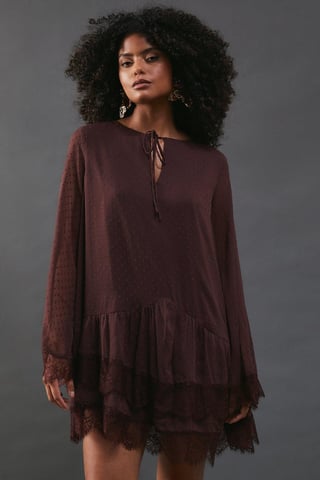 Dobby Chiffon Tie Neck Lace Hem Mini Dress