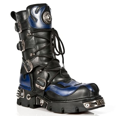 Botas de motociclista góticas de cuero negro/azul unisex de New Rock con calavera 107-C5