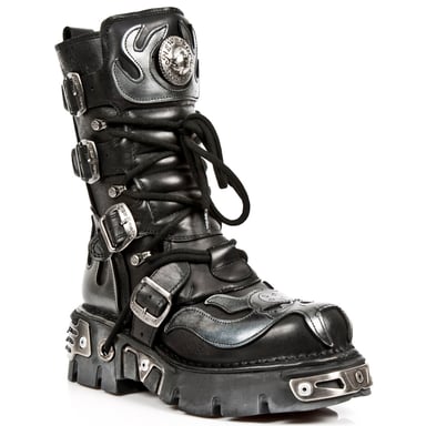 Botas de motociclista de cuero negro y plateado con detalles en llamas de New Rock 107-S2