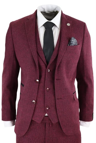 Traje retro de tweed de lana con espiga color vino de 3 piezas para hombre