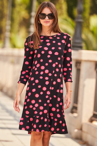 Black & Pink Spot Print Shift Dress With Ruffle Hem