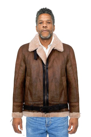 Chaqueta de aviador de piel de oveja marrón vintage para hombre - KANSAS
