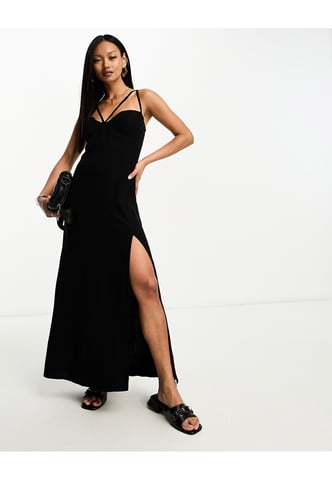 ASOS DESIGN linen cupped maxi slip sundress with cut out back in black