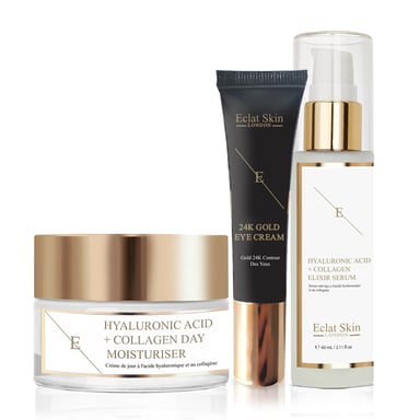 Crema de día con ácido hialurónico y colágeno + suero de ácido hialurónico y colágeno + crema debajo de los ojos oro de 24 quilates