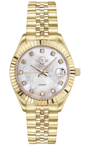 GV2 Naples 12402 Reloj de cuarzo suizo para mujer, acero inoxidable, oro amarillo y fecha con diamantes