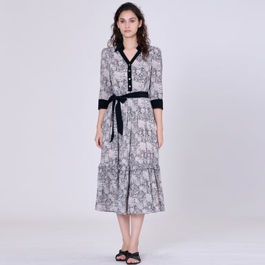 Bi material printed blouse-dress
