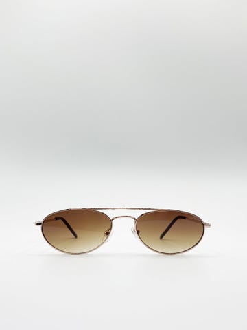 Double Bridge Fashion Metal Sunglasses With Brown Tinted Lenses