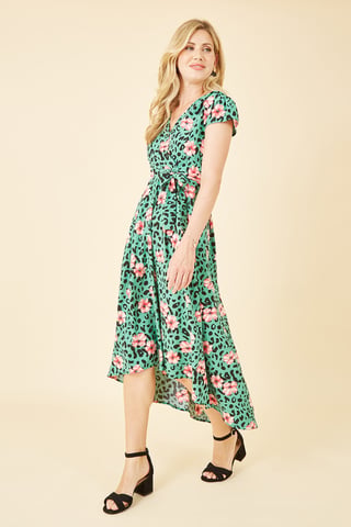 Mela Green Animal Print Dipped Hem Wrap Dress