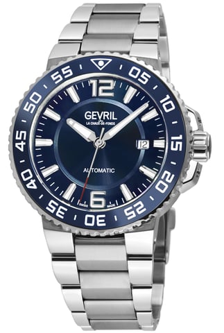Reloj automático suizo Gevril RiverSide, bisel SS, anillo de cerámica azul, esfera azul brillante, brazalete de acero inoxidable 316L