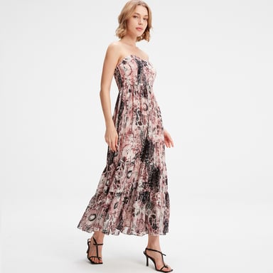 Bustier chiffon maxi dress with abstract floral print