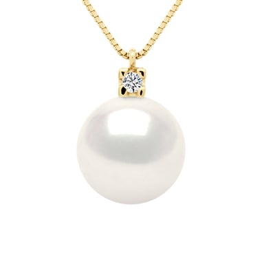 Necklace Jewelry 0,02 Cts Yellow Gold and Real Cultured Freshwater Pearl Round 10-11 mm