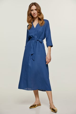 Vestido midi estilo lino azul con cinturón