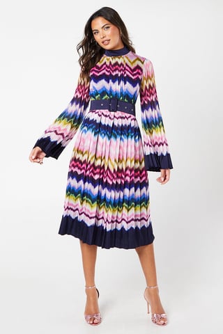 Stripe Print Pleated Long Sleeve Midi Dress