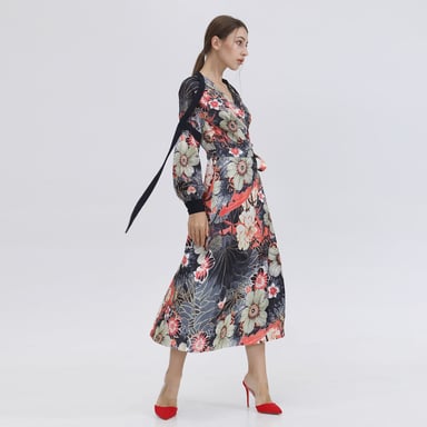 Wrap dress in macro floral print and satin bias