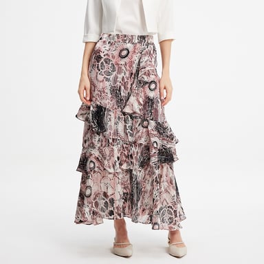 Long chiffon skirt with ruffles floral print
