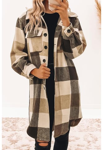 Azura Exchange Women's Plaid Button-Down Long Shacket in Khaki
