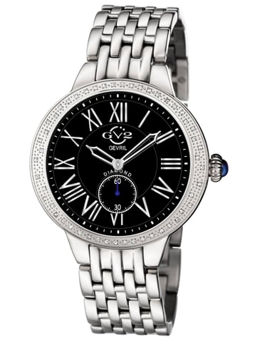 GV2 Astor Reloj de acero inoxidable con esfera negra y diamantes de cuarzo suizo para mujer