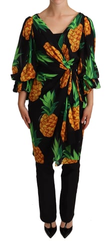 Vestido de Seda Stretch Negro con Estampado de Ananas de Mujer Dolce & Gabbana