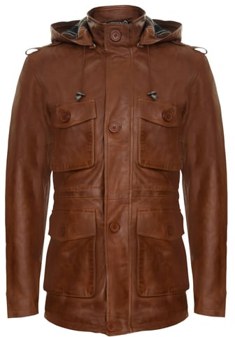Chaqueta de cuero con capucha y múltiples bolsillos