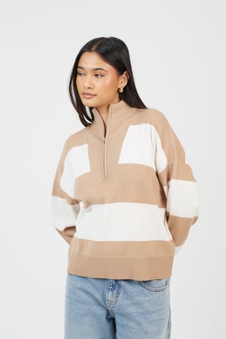 Camel Striped Half Zip Knitted Jumper