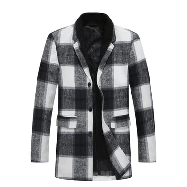 Men's Long Slim Fit Checked Winter Thick Coat with Shawl Collar White