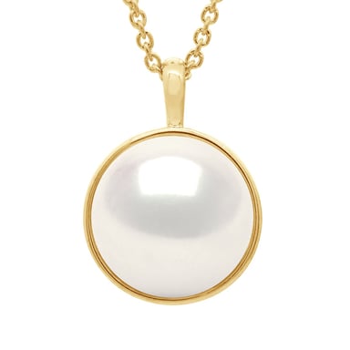 Necklace with Beaded Pendant Yellow Gold Surroundings Sleek - Real Cultured Freshwater Pearl Button 10-11 mm