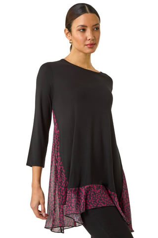 Animal Print Contrast Mesh Hem Stretch Top