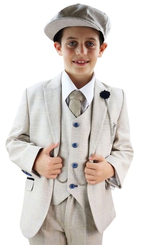 Traje clásico de tweed a cuadros con diseño de espiga en color crema de 3 piezas para niños