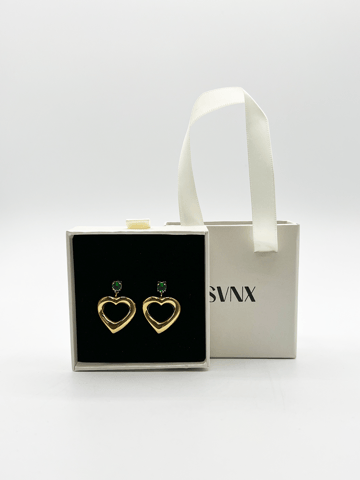 Heart Drop Earrings in Gold with Green Stone