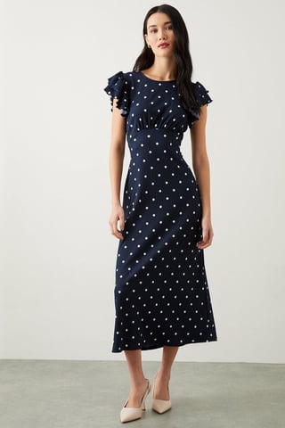 Navy Spot Print Ruffle Sleeve Empire Midi Dress