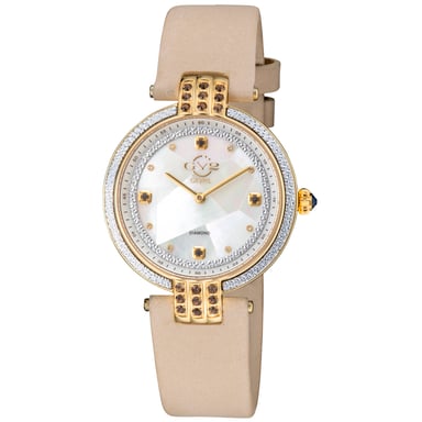 GV2 Matera Reloj de cuarzo suizo para mujer con esfera de nácar blanco y correa de ante color crudo con diamantes
