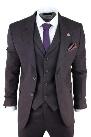 Traje de tweed de tres piezas en espiga color morado y ciruela para hombre, Peaky Blinders, clásico, a medida
