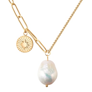 Necklace stainless steel yellow gold freshwater cultured pearl white Valero Pearls