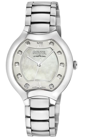 Reloj Gevril Lugano con diamantes suizos para mujer, esfera blanca MOP, caja de acero inoxidable 316L, reloj con pulsera de acero inoxidable 316L.