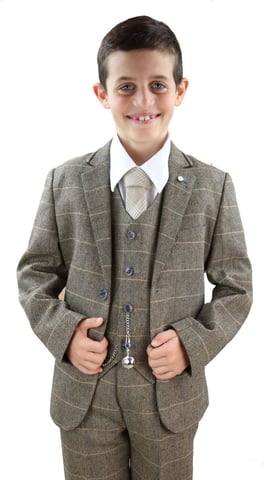 Traje clásico de tweed a cuadros de espiga marrón tostado para niños de 3 piezas