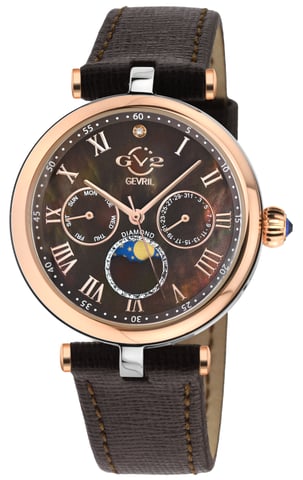 GV2 Florence Reloj de pulsera de oro rosa IP de dos tonos con esfera de nácar marrón y anillo de corte de diamante para mujer