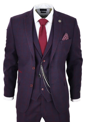 Traje de tweed de 3 piezas para hombre, a cuadros morados ciruela, Peaky Blinders, clásico Gatsby de los años 20