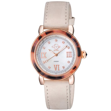 GV2 Reloj Marsala tortuga de cuarzo suizo con esfera de nácar y diamantes para mujer, correa de ante color canela