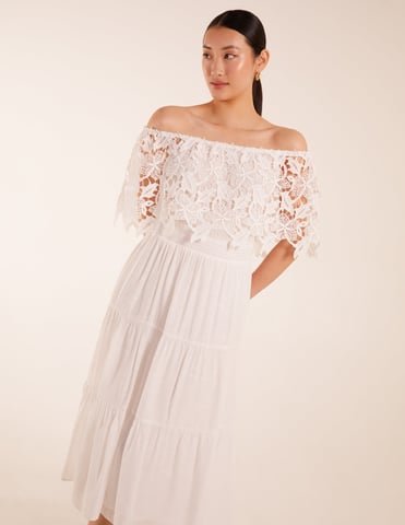 Crochet Lace Shirred Waist Midi Dress