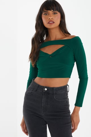Bottle Green Bardot Cut Out Crop Top