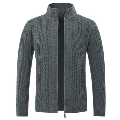 Men's Cardigan with Zip Cardigan Chunky Knit with Stand-Up Collar Grey