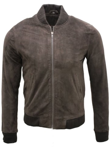 Chaqueta bomber de piel de ante suave de estilo universitario