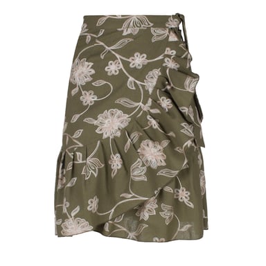 Falda cruzada con volante floral bordada verde oliva