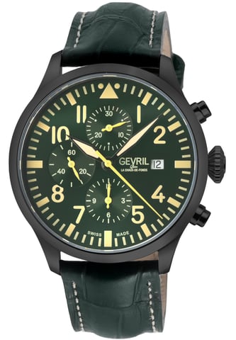 Gevril Reloj Vaughn de acero inoxidable 316L para hombre, caja negra, esfera verde, reloj de cuero oliva genuino