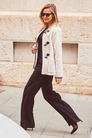 Cream Collarless Super Cosy Borg Coat With Faux Leather Toggle