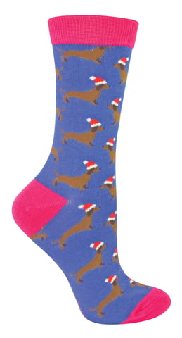 Miss Sparrow - Calcetines de Navidad para Mujer | Calcetines de Perro Salchicha - Perro Santa (Denim)