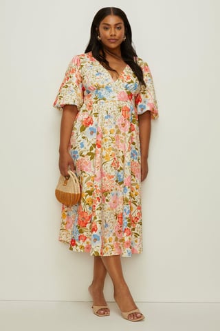 Curve Floral Scuba Puff Sleeve Midi Dress