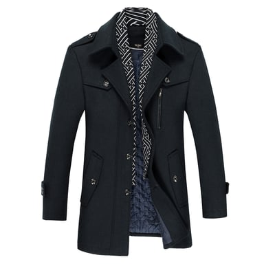 Men's Winter Thickened Solid Color Lapel Casual Wool Coat with Striped Collar Camel Blue