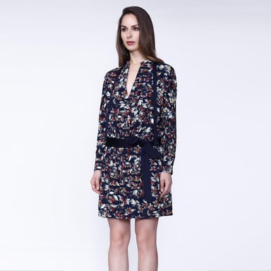 Satin collar short dress and leaves print