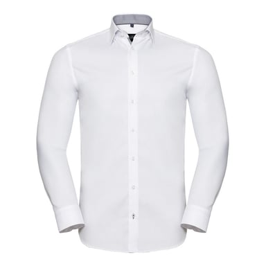 Russell Collection Mens Long Sleeve Contrast Herringbone Shirt (White/Silver)